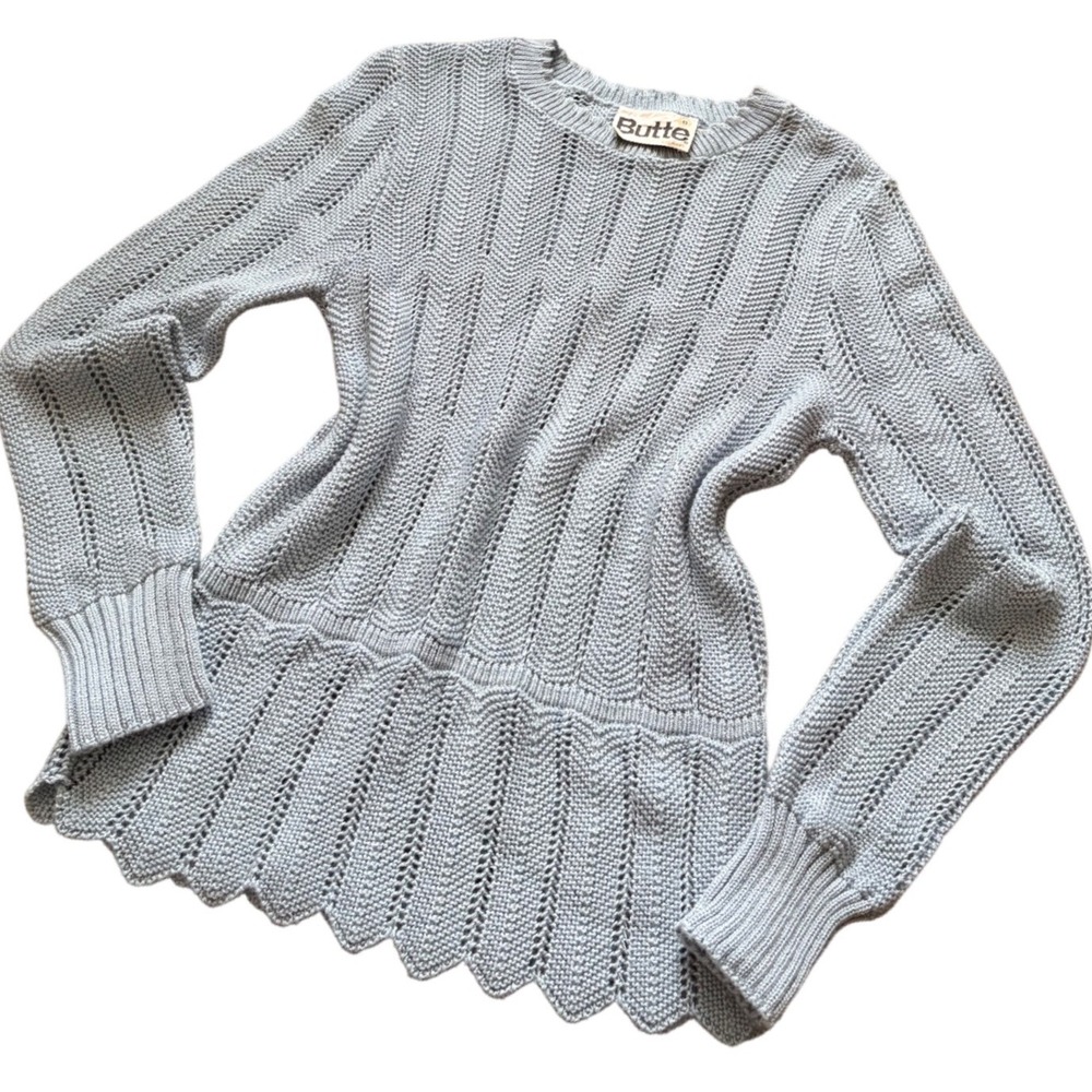 Vintage Butte Light Blue Pointelle Knit Scalloped Peplum Sweater Womens